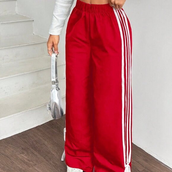 Red Casual Women's Side Contrast Tape Elastic Waist wide Pants - Picture 5 of 6